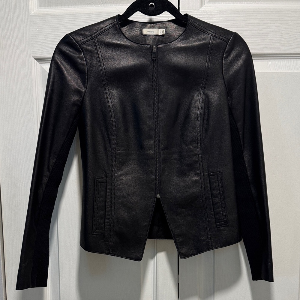 Vince black leather jacket with mixed leather and knit sleeves